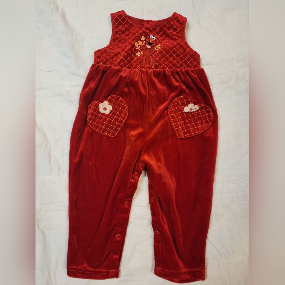 Vintage Elmo Red Velvet Flower Quilted Romper